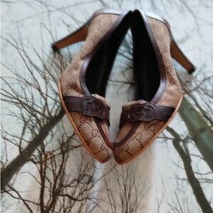 Brown Monogram Pointed-Toe Heels with Leather Trim